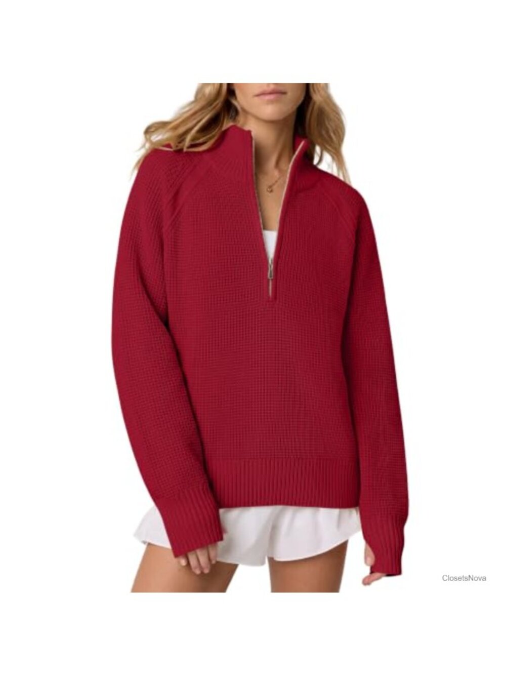Waffle Knit Quarter Zip Pullover Sweater Thumb Holes Loose Fit